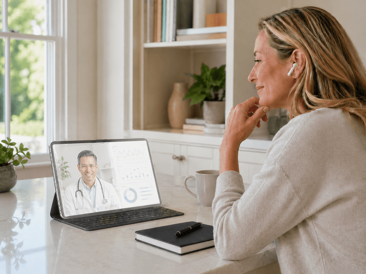 Physician consultation via video with health data on screen
